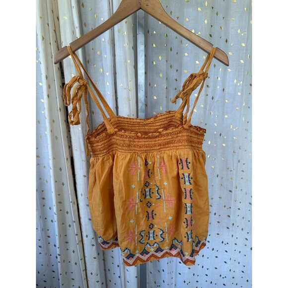 By Anthropologie 100% Cotton Embroidered Smocked Swing Self Tie Tank Top M - Picture 2 of 6